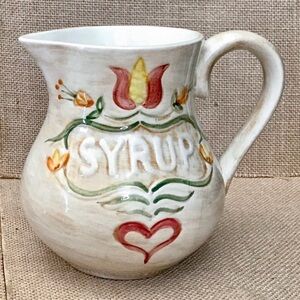 Vintage Floral Folk Art Syrup Pitcher Vase Ceramic Farmhouse Rustic Cottagecore